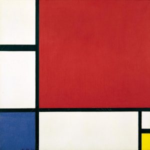 Piet Mondrian, Kompozycja w czerwieni, błękicie i żółcieni, 1930. olej na płótnie, źródło; Gemeentemuseum