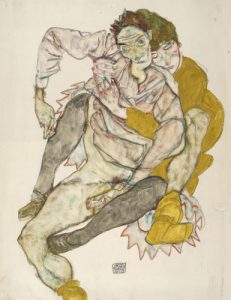 Egon Schiele Seated Couple, 1915 Watercolor, pencil, and embossing 51.8 x 41 cm Albertina, Vienna, inv. no. 29766, źródło: guggenheim-bilbao.es