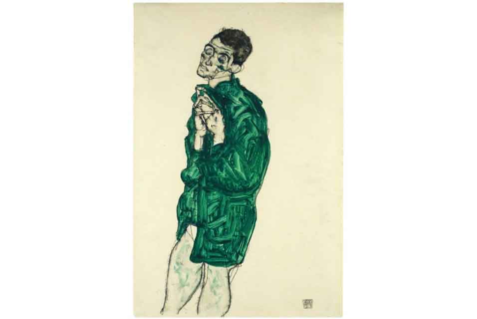 Egon Schiele, Selbstdarstellung in grünem Hemd mit geschlossenen Augen, źródło: Leopold Museum