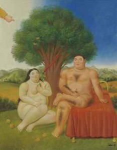 Fernando Botero, "Adam and Eve", 1993. Szacowana cena obrazu wynosi 400-600 tysięcy dolarów. Źródło: Christie's.