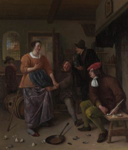 Jan Steen "Wnętrze Hotelu (Rozbite jajka)" (ok. 1665-70), źródło: National Gallery w Londynie