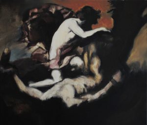 Łukasz Stokłosa, Apollo i Marsjasz według Jusepe de Ribery, 2013, olej na płótnie, 60x70 cm, Galeria Zderzak
