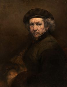 Rembrandt van Rijn, "Selfportrait with beret and turned-up collar", 1659