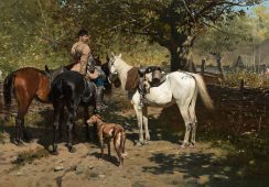 Józef Brandt - Stajenny z wierzchowcami, 1883; źr. Polswiss (Aukcja Dzieł Sztuki 8.10.2019)