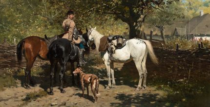 Józef Brandt - Stajenny z wierzchowcami, 1883; źr. Polswiss (Aukcja Dzieł Sztuki 8.10.2019)