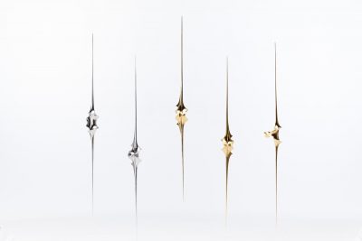 Toshimasa Kikuchi, Geometrical Forms, 2020, Japanese cypress wood, urushi lacquer, gold and platinum leaves. Courtesy Galerie Mingei